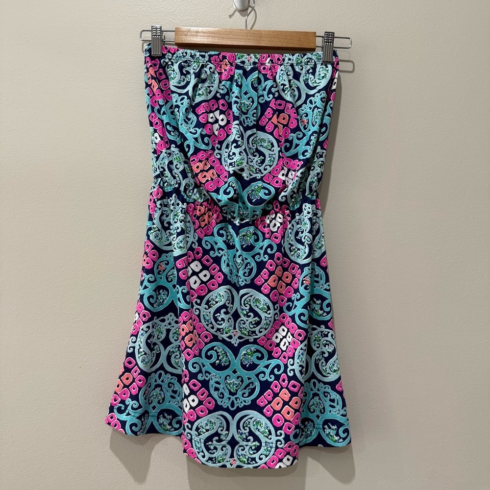Lilly Pulitzer Blue and Pink Strapless Mini Dress XS